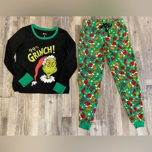Women's Dr. Seuss Black Green Grinch PJ Pajama Set Small 99% Grinch EUC